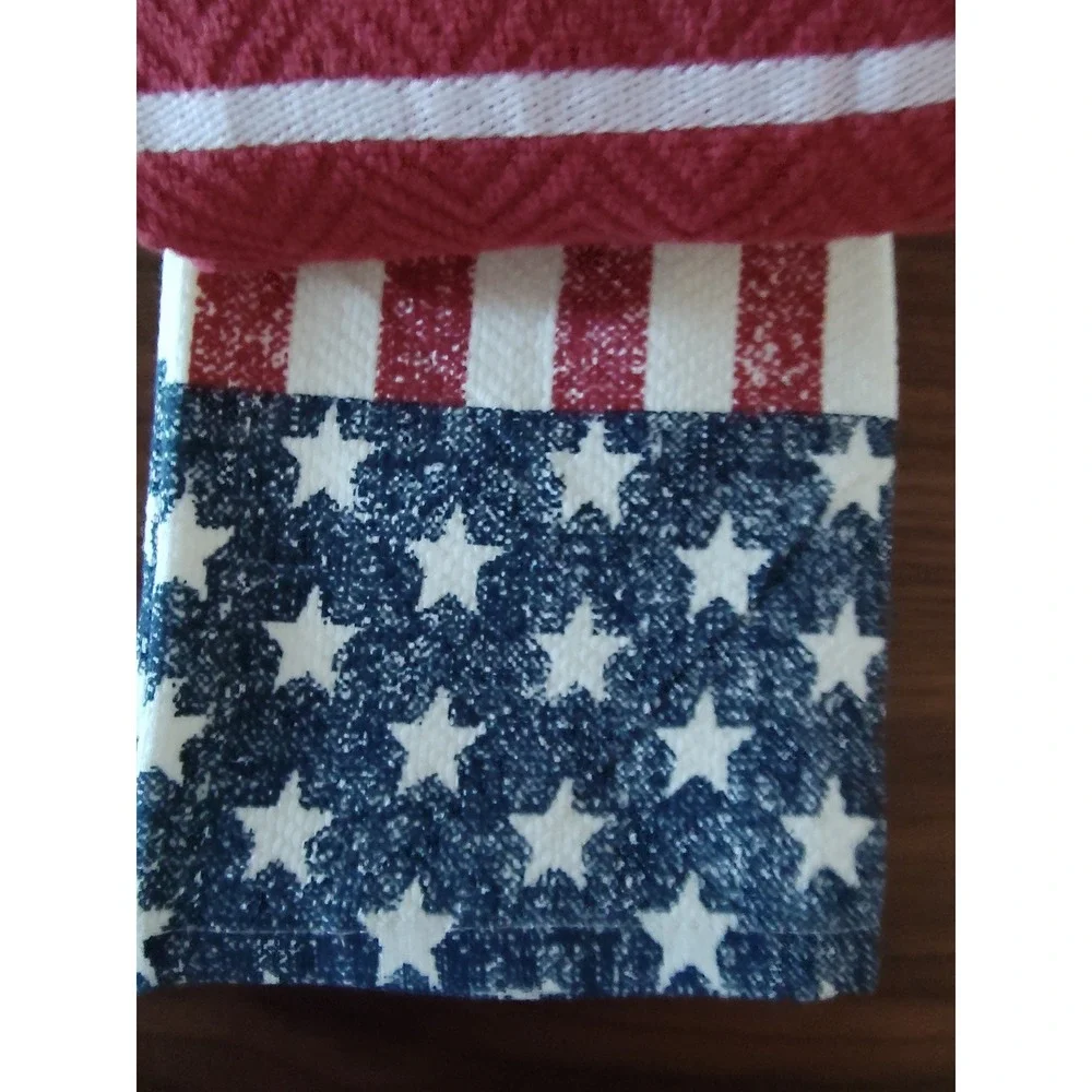 Lauren Ralph Lauren 3PK Kitchen Towels American Flag Stars Stripes Red Cotton